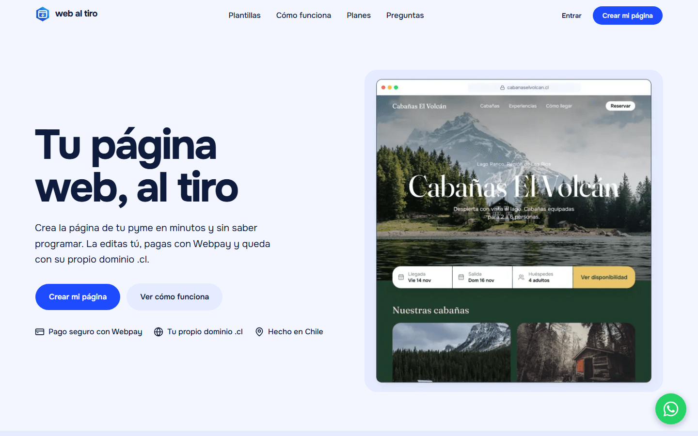 Portada de webaltiro.cl: Tu página web, al tiro, con una plantilla de cabañas